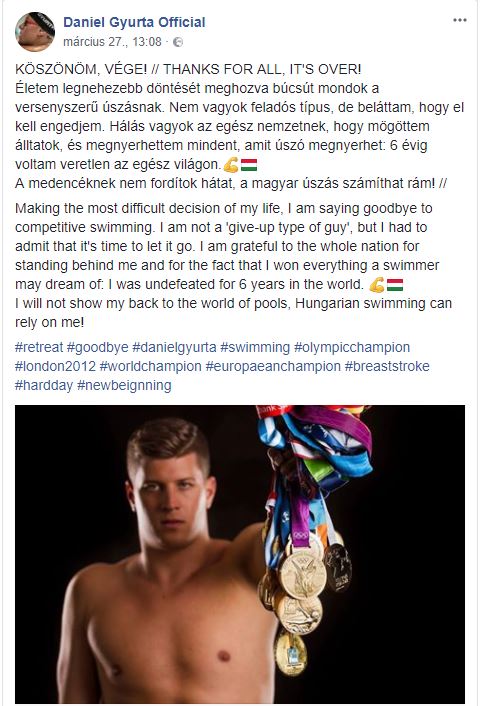 Gyurta Dani a Facebookon jelentete be visszavonulását